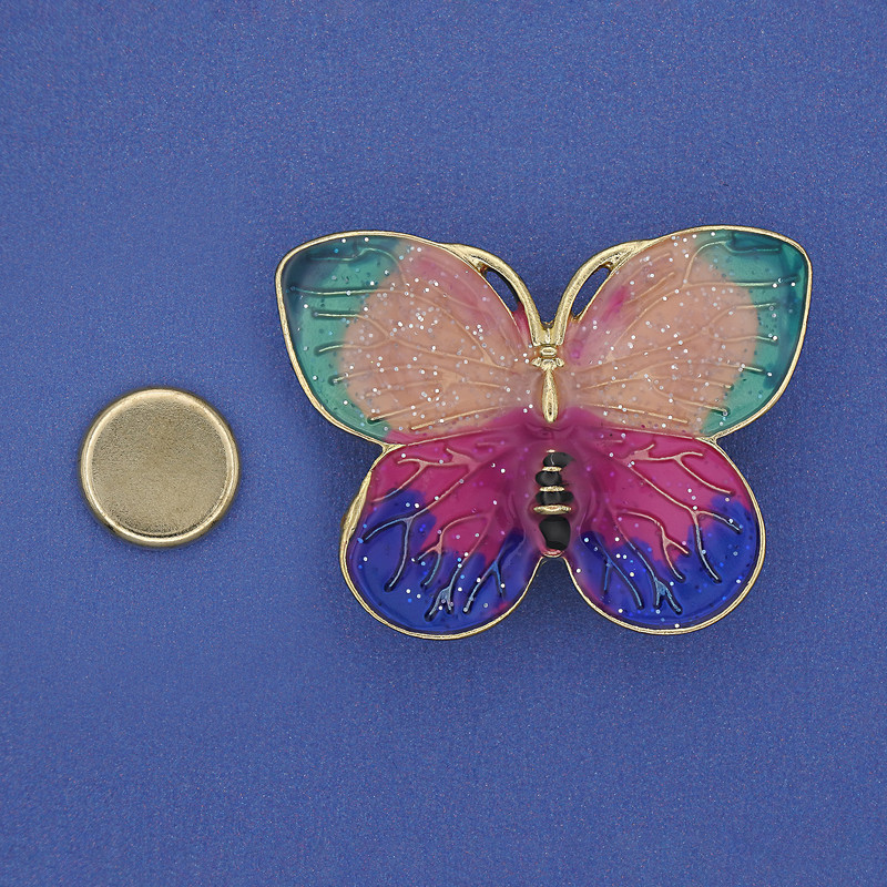 Broșă pe magnet Fluture, email colorat, metal auriu, 39×30 mm+