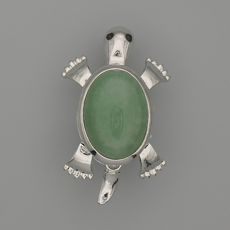 Broșă-pandantiv Țestoasă din nefrit, 52×35 mm, piese mobile, metal argintiu