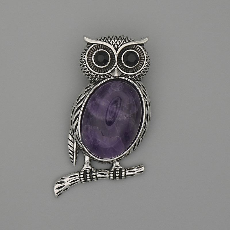 Broșă-pendentă Bufnița cu ametist, 45×25 mm, strasuri negre, metal argintiu
