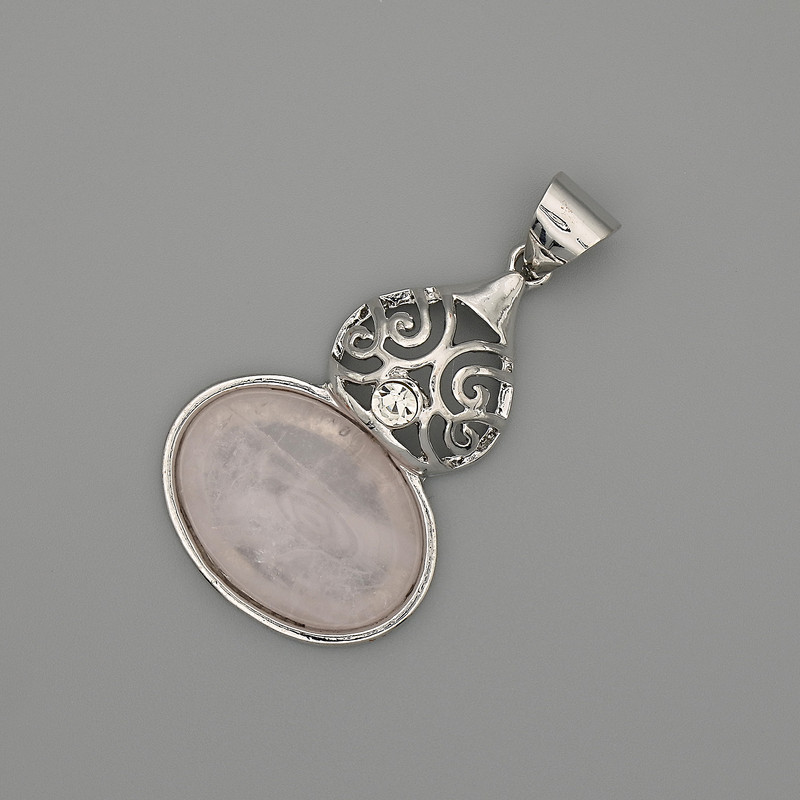 Pandantiv cabochon cuarț roz, 50×28 mm, metal argintiu