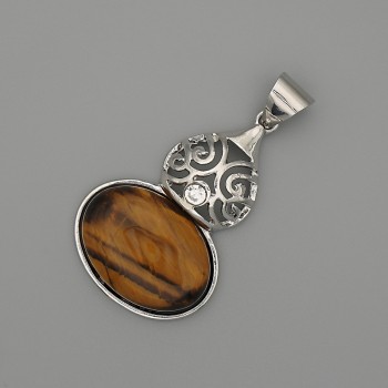 Pandantiv cabochon ochi de tigru 50×28 mm, ramă metalică argintie