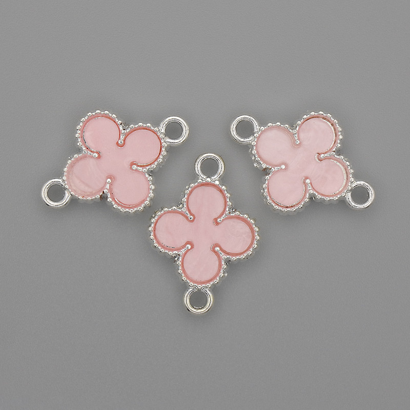 Conector trifoi roz, metal argintiu, 20x14 mm, pachet de 3 bucăți