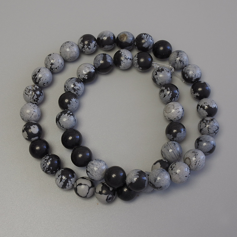 Mărgele din obsidian cu fulgi de zăpadă pe șnur, bilă netedă, diametru 8 mm, lungime 38 cm