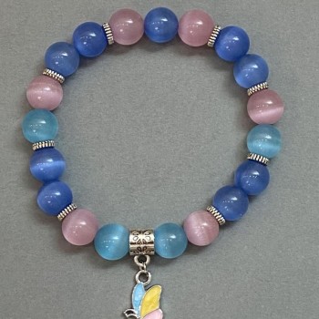 Браслет Котяче Око гладка кулька 9-10мм+- з металевими вставками, довжина 18см+- стрейч