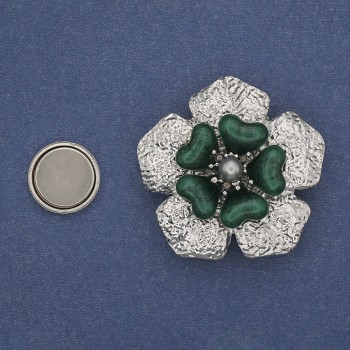 Broșă magnetică cu Floare verde email, perlă, metal argintiu, 38 mm+