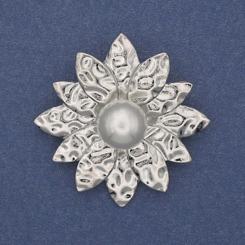 Broșă-pandantiv Floare Perlă, metal argintiu, 40 mm+
