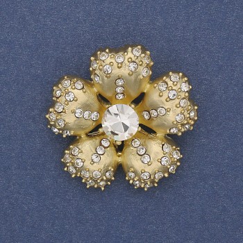 Broșă Floare cu strasuri albe pe metal auriu 33 mm+