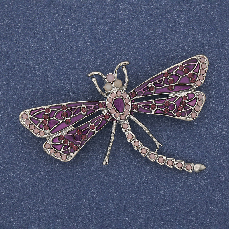 Broșă «Fluture» cu email violet, strasuri roz, metal argintiu 57x39mm+