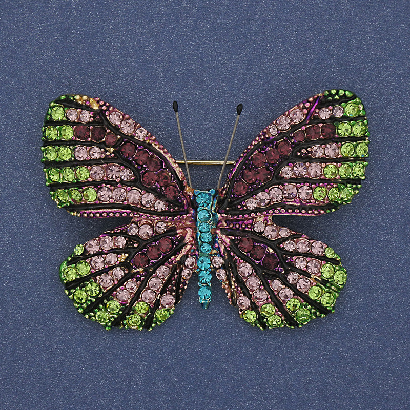Broșă-pendentă Fluture, strasuri colorate, metal auriu, 50x39mm+