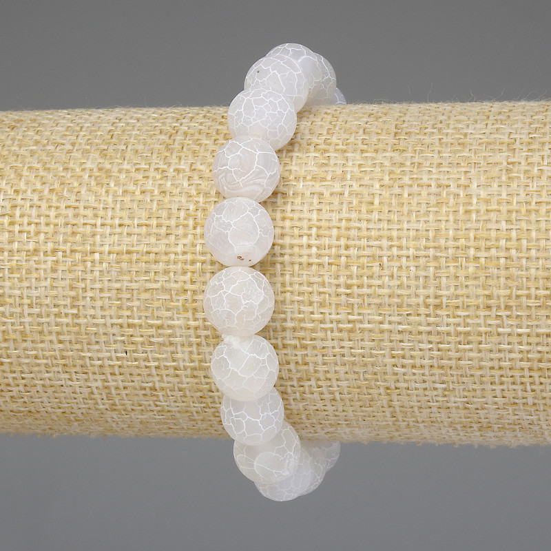 Brățară din agate albă înghețată, bile netede de 10 mm, lungime 18 cm, pe elastic