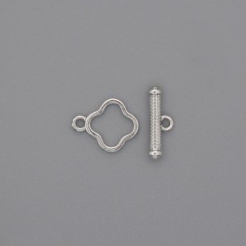 Închizătoare toggle, formă de trifoi, diametru 14×3 mm ±, diametru 10 mm ±, diametrul găurii 8 mm ±, culoare argintie a metalului