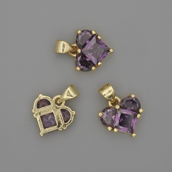 Pandantiv inimă cu cristale violete, 12x12 mm, lungime 17 mm, metal auriu