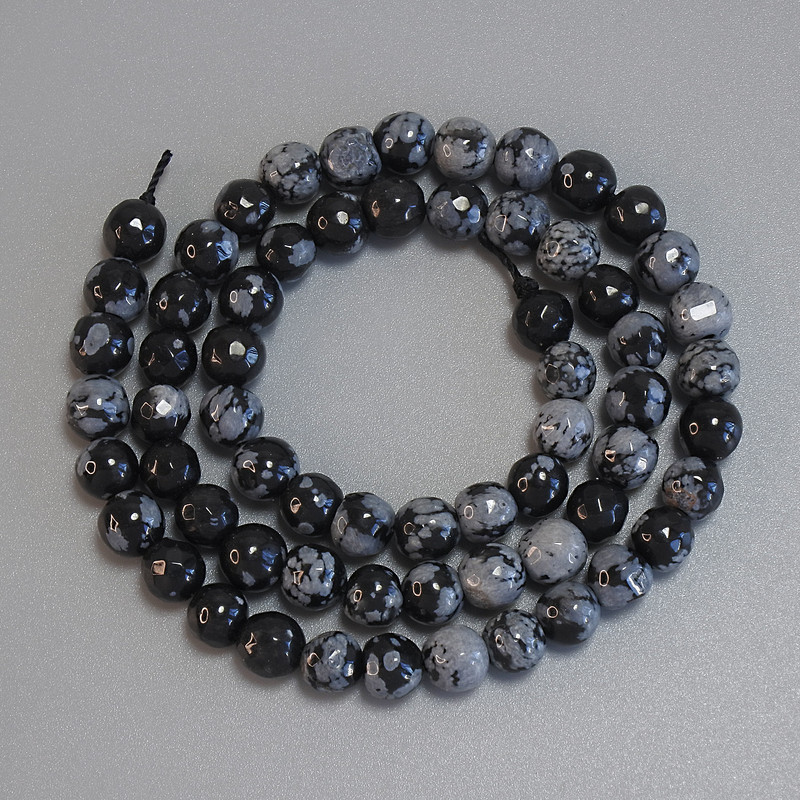 Mărgele din obsidian de zăpadă, sferice, fațetate, diametru 6 mm, lungime 37 cm, pe șnur