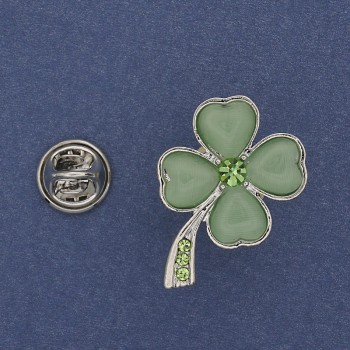 Broșă «Trifoi» cu ochi de pisică verde, cu cristale, metal argintiu, 19×30 mm+