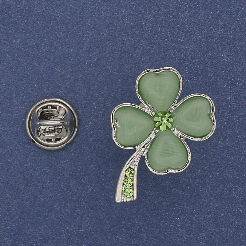 Broșă «Trifoi» cu ochi de pisică verde, cu cristale, metal argintiu, 19×30 mm+