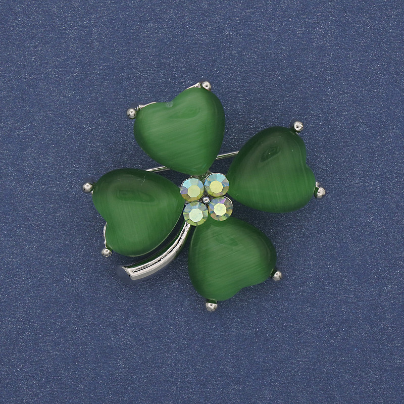 Broșă trifoi verde cu ochi de pisică, strasuri, metal argintiu, 31×31 mm+
