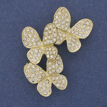 Broșă cu pandantiv Fluturi, strasuri albe, metal auriu, 44×33 mm