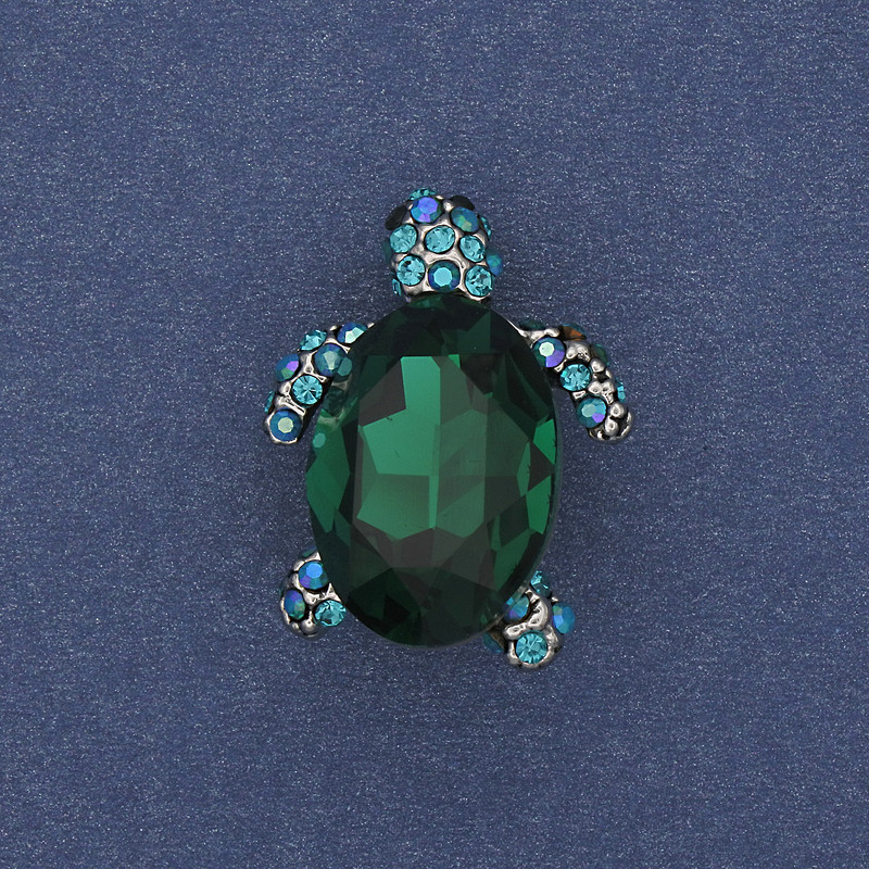 Broșă-pendentiv Țestoasă cu cristal verde, metal argintiu, 24x18 mm+