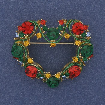 Broșă-pandantiv Inimă emailată cu strasuri, metal auriu, 40x35mm+