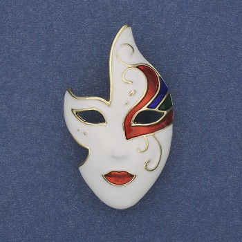 Broșă «Masca» albă, neagră și roșie, email, metal auriu 40×23 mm+