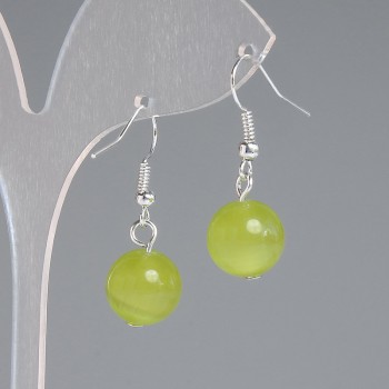 Cercei cu ochi de pisică olive, bilă netedă, diametru 11,5 mm, lungime 30 mm, metal argintiu