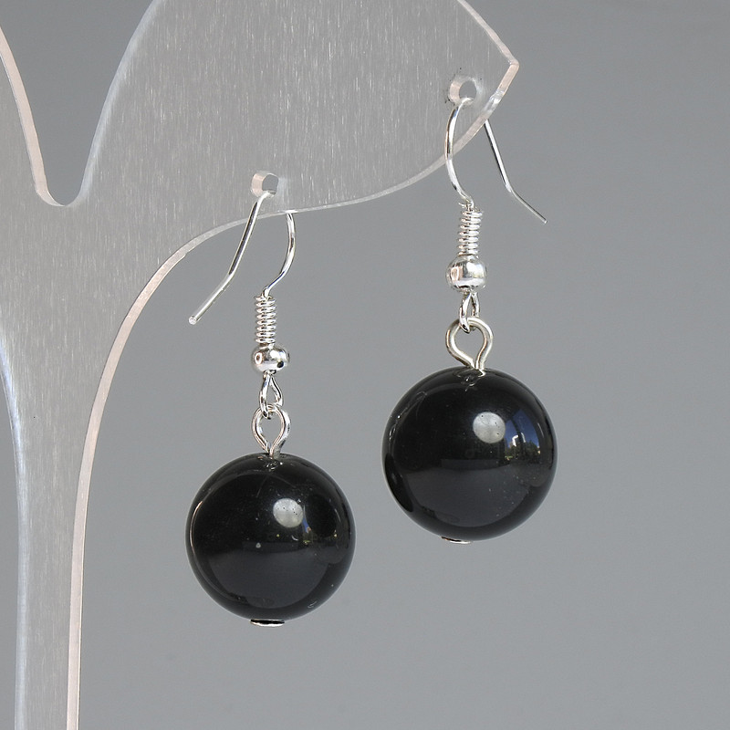Cercei din obsidian solar, bile netede, diametrul de 14 mm, lungime de aproximativ 32 mm, metal argintiu