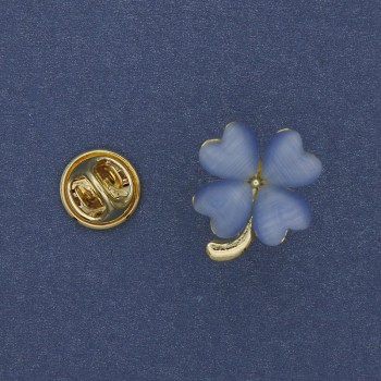 Broșă trifoi cu patru foi, ochi de pisică albastru, 20×17 mm, metal auriu