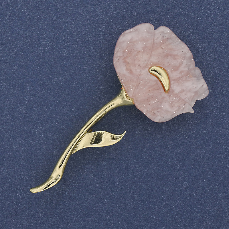 Broșă floare de mac roz perlată, 63x32 mm, metal auriu