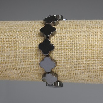 Brățară din hematit cu trifoi cu patru foi, 12x12 mm, lungime 18 cm, elastică