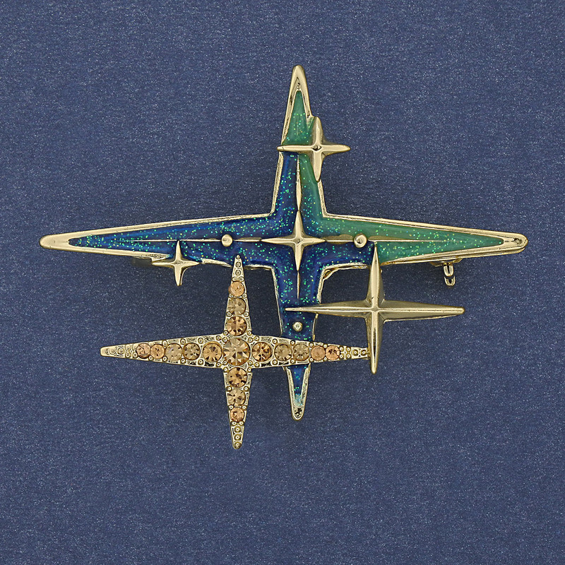 Broșă Accent Stea cu cristale galbene, email albastru, metal auriu 35×46 mm+