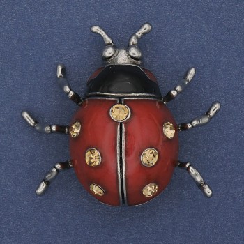 Broșă pandantiv Soare, email roșu, strasuri galbene, metal argintiu, 42×47 mm