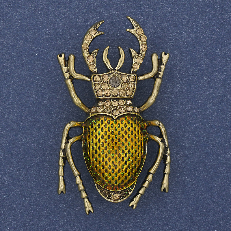 Broșă Scarabeu, email galben, strasuri galbene, metal auriu, 27x46 mm+