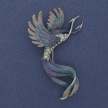 Broșă Pasăre albastră și gri, email, strasuri, metal argintiu, 43×67 mm +