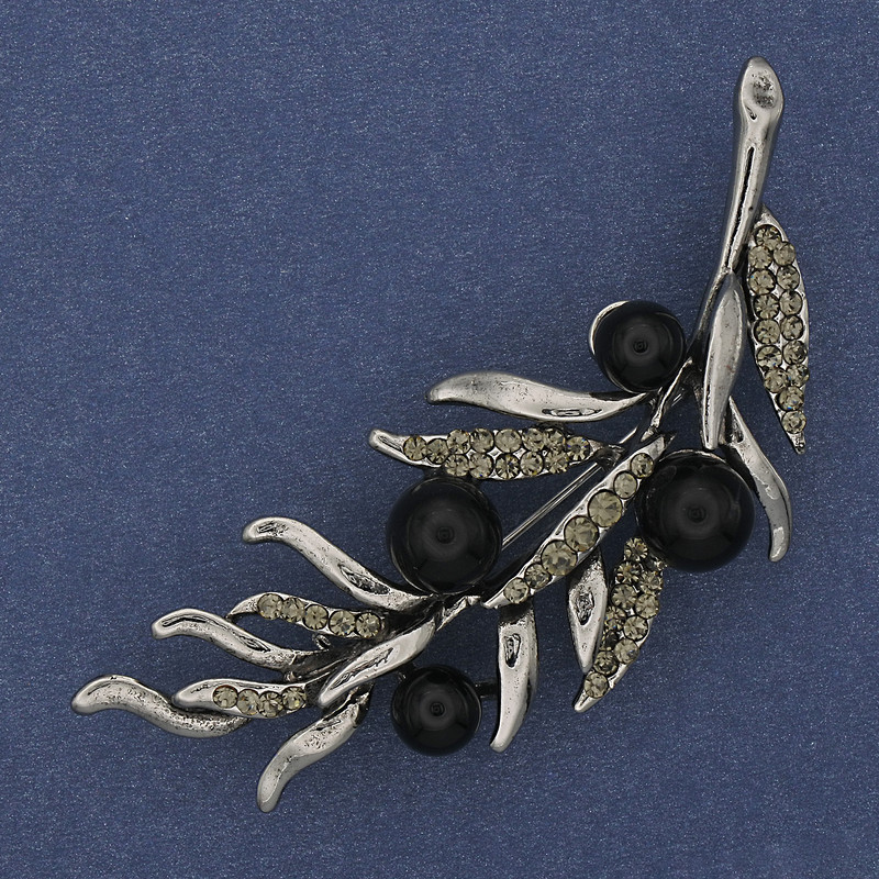 Broșă Ramură de agat cu strasuri cenușii, 67x26 mm, metal argintiu