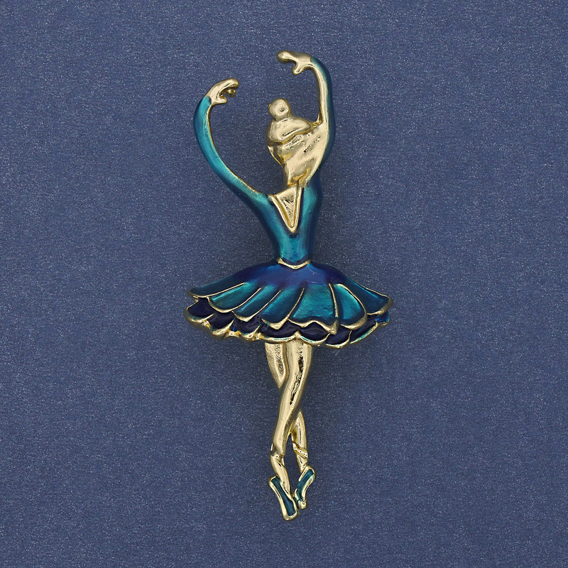 Broșă-pendul Balerină, email albastru, metal auriu, 25×57 mm+