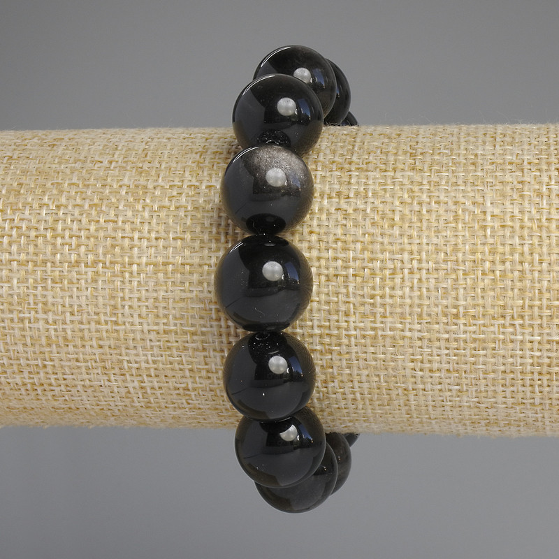 Brățară din obsidian natural, argintiu lucios, bile netede, diametrul 14 mm, lungime 18 cm +