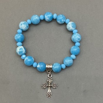 Brățară «Larimar» (mărgele artificiale) – mărgele de 10 mm, sticlă cehă rondel 6×5 mm, cu inserții metalice, lungime 18 mm, pe elastic