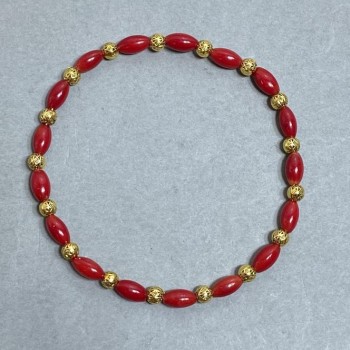 Brățară din coral boabe 8x4 mm, cu inserții metalice, lungime 18 mm, elastică