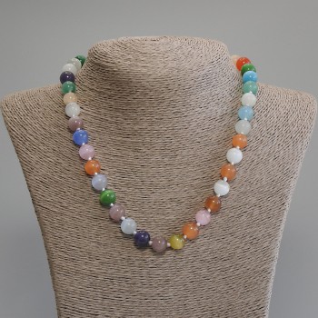 Colier multicolor cu ochi de pisică, mărgele netede, diametrul 10 mm, lungime 50 cm, lanț prelungitor de 5 cm