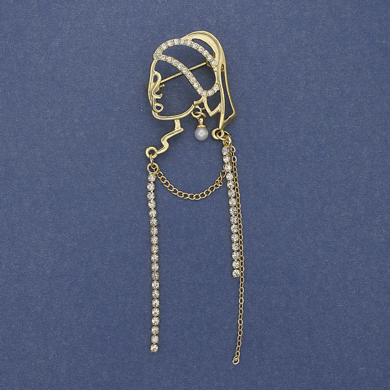 Broșă «Fată cu cercei de perlă», strasuri albe, metal auriu 85×24mm+