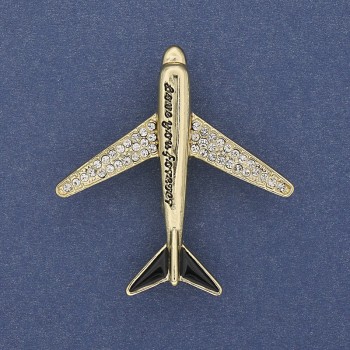 Broșă în formă de avion, cu strasuri albe, metal auriu, 43×40 mm+