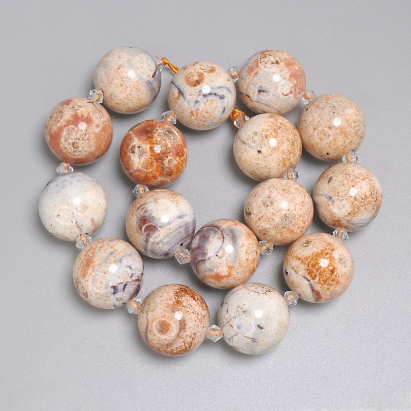 Mărgele de jasper deșert, sferice netede, diametrul 20 mm ±, mărgele de 5 mm ±, lungime 37 cm ±, pe șnur