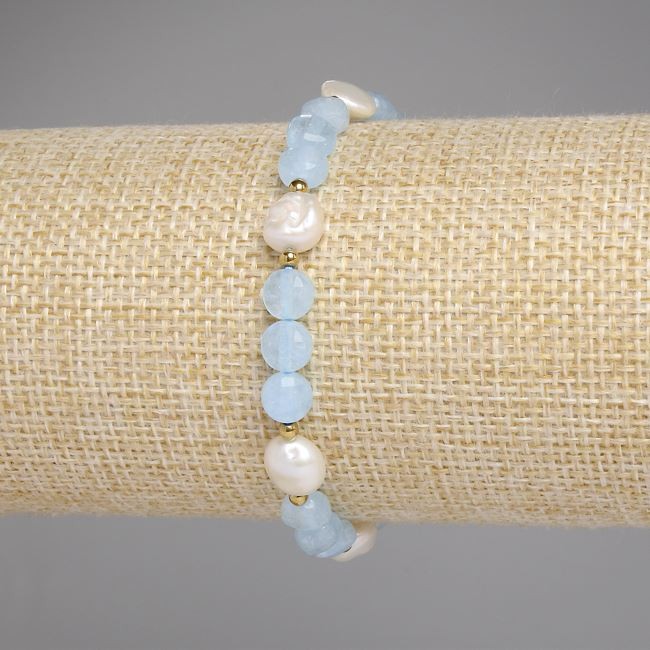 Brățară din acvamarin cu mărgele monedă fațetate de 6 mm ±, perle de râu 7–8 × 7–7,5 mm ±, bile de hematit de 2 mm ±, lungime 18 cm, pe elastic