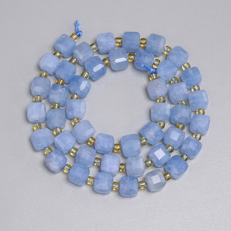 Mărgele din acvamarin, tăiate cuburi de 6,5×6,5 mm, cu mărgele de nisip 3 mm, lungime 38 cm, pe șnur
