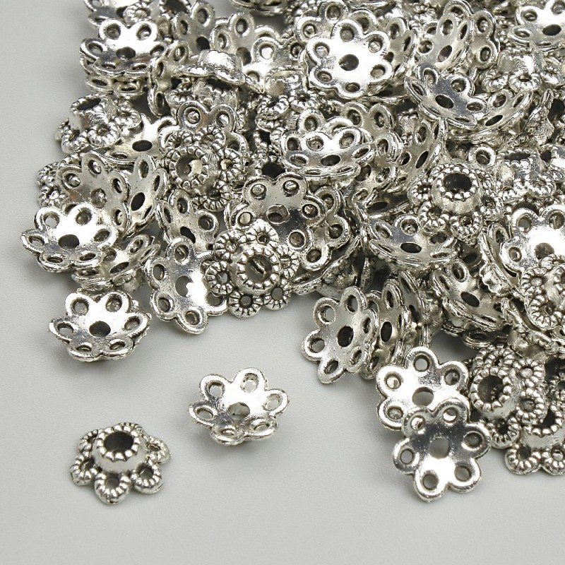 Capace pentru mărgele, diametru 7 mm ±, gaură 1,9 mm ±, culoare argintie a metalului, ambalaj de 20 g ± (~125 buc.)