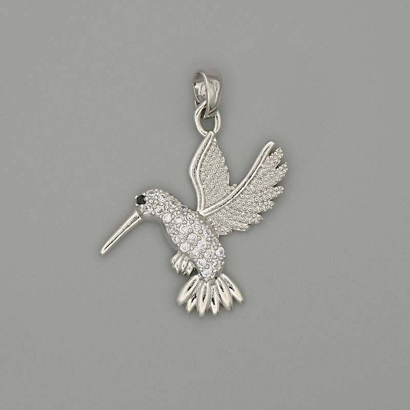 Pandantiv Colibri, din metal argintiu, cu strasuri albe, diametrul 29×21 mm+