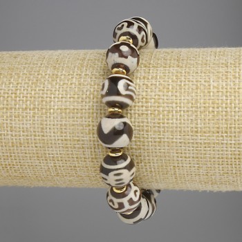 Brățară din agat, bile netede, diametrul aproximativ 12 mm, cu inserții metalice, lungime 18 cm, pe elastic