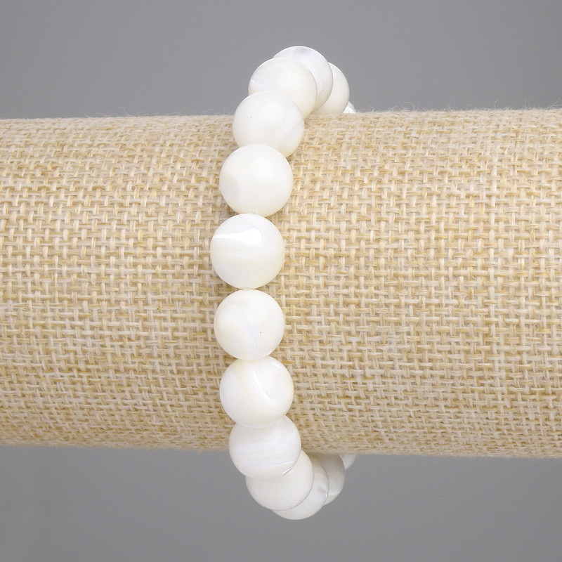 Brățară din sidef – bile netede, diametru 10 mm, lungime 18 cm, elastică