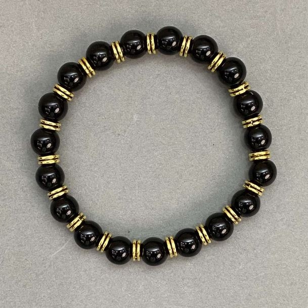 Brățară cu agat, bile de 8 mm, cu inserții metalice, lungime 18 cm, extensibilă