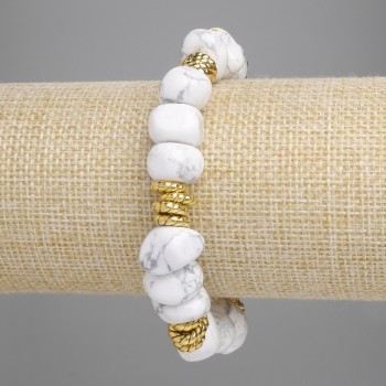 Brățară din kaolinit, cu mărgele fațetate, diametrul 10-14×7-10 mm +/- cu inserții metalice, lungime 18 cm +/- pe elastic